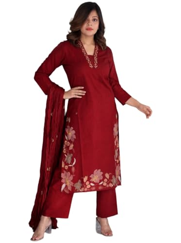 Image of GoSriKi Kurta Set for Women Viscose Embroidered | Kurti Set for Woman | Kurta Palazzo Dupatta 3 Piece Outfit | V Neck 3 /4 Sleeve Regular Fit Ethnic Dress Stylish Womens Clothing Trendy Outfit