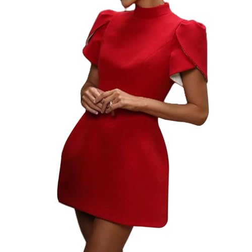 Image of AMPOSSTO Women's Elegant Bow Backless Hollow Out Mini Dress Turtleneck Short Sleeve Pad Shoulder Dresses for Party Cocktail