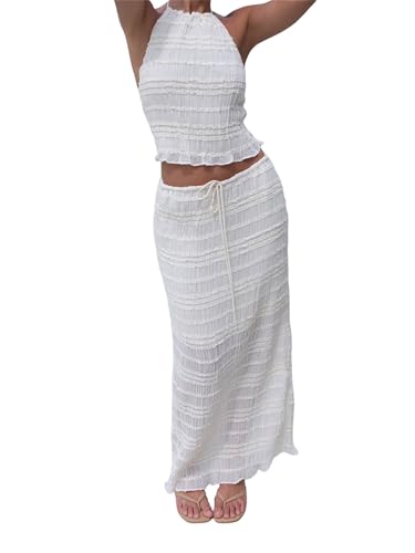 Women Summer Y2k Long Skirts 2 Piece Outfits Patchwork Front Tie-Up Ruched Ruffle Camisoles Maxi Skirts Set