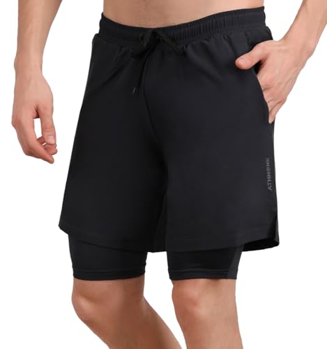 Image of 2in1 Hybrid Workout Shorts for Men and Women - Active Wear Running Shorts Tights for Sports Gym - Hidden Mobile Pocket & Zipper Back Pocket - with Double Inner Compression Liner