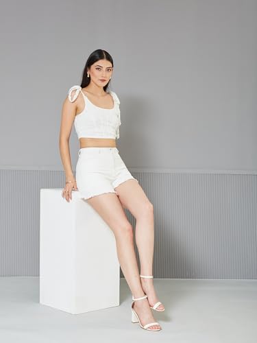 Image of Miss Chase Women's White Regular High Rise Clean Look Regular Stretchable Denim Shorts