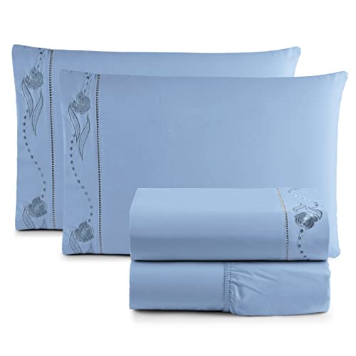 Jogo de Cama Lençol Queen Bordado Imperial Realeza 4 Peças 200 Fios Percal 100% Algodão (AZUL)