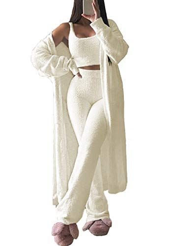 Fixmatti Women's Fuzzy 3 Piece Sweatsuit Open Front Cardigan Crop Tank Tops Wide Legs Pants Lounge Sets