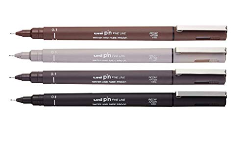 UniBall Lot de 4 feutres fineliner Uni Pin 0,1 mm Sépia, gris clair, gris foncé, noir