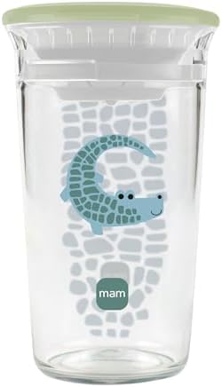 MAM Easy to Drink Cup 360° Trinklernbecher 290 ml, ab 8 Monaten, Krokodil | Auslaufsicherer Silikoneinsatz mit Ventil, edle Glasoptik, leicht zu reinigen, Trinkbecher
