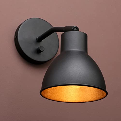 Yosoan Wall Sconce Indoor Night Bedside Fixture, 1-Light Industrial Mount Metal Matte Fixture Lighting With 6.3" Black Bowl Metal Shade Build-In Gold Color And 4.7" Canopy Lamp #TOP27