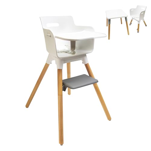 6-in-1 Baby High Chair, Convertible Highchair for Babies & Toddlers, Adjustable Table & Chair Set, Beech Wooden Baby Chair with Removable Tray & Footrest (White)
