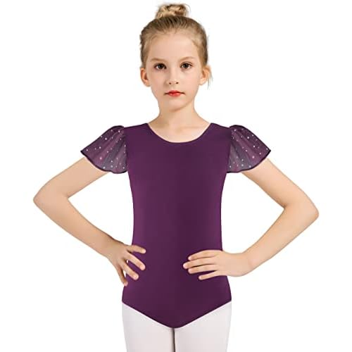 MOLLDAN Girls Dance Ballet Leotards Short Sleeve Criss Cross Straps Back Black-02 2-4T