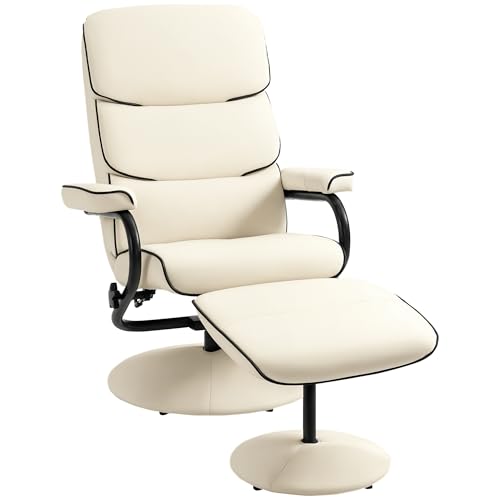 HOMCOM Recliner Chair with Ottoman, PU Leather Swivel High Back Armchair w/Footrest, 135° Adjustable Backrest and Thick Foam Padding, Cream White