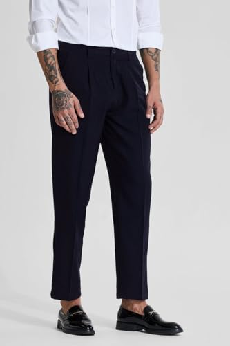 Image of SNITCH Men Formal Trousers | Regular Fit Pleated Front with Turned-Up Hem | Polyester Blend & Medium Stretch Fabric for Office & Winter Wear