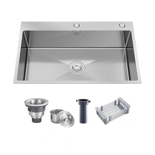 DuyviSteil 29.5x17.7 Inch Kitchen Sink Drop-in, Stainless Steel Top Mount Kitchen Sink, Single Bowl Kitchen Sinks with Basket Strainer for RV, Travel Trailer, Garage(Nano)