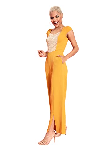Image of Miss Chase Women's Mustard & Golden Embellished Regular Jumpsuit