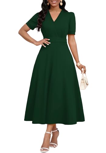 Image of MarryUP Women's Midi Dresses - V Neck Cocktail & Church Tea Dresses - Short Sleeve A-Line Swing Dress