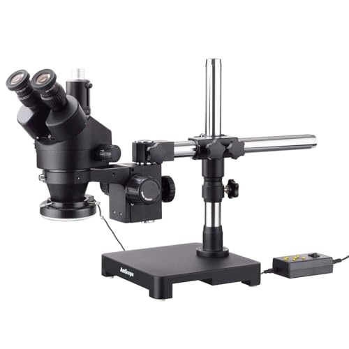 Image of AmScope SM-3TX-144A-B 3.5X-45X Black Trinocular Stereo Zoom Microscope on Single Arm Boom Stand + 144 Direction Adjustable LED Ring Light