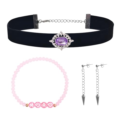 NEOVISTA Kpop Demon Inspired Jewelry Set Mira Velvet Purple Gem Choker Necklace (Adjustable) + Stainless Steel Spike Earrings Cosplay Accessories & Fan Gift for Teens & Women