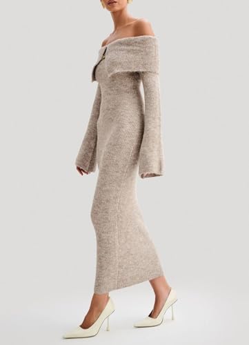 Womens Long Sleeve Off Shoulder Ribbed Knit Crochet Maxi Dress Slim Fit Bodycon Sweater Dress 2025 Trendy Outfits2