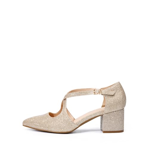 Image of DREAM PAIRS Women's Chunky Heels Dress Pumps Closed Pointed Toe Comfort Cross Strap Block Heel Shoes for Party Dance Wedding