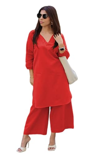 Image of Femezone Women Cotton slub Co-ord Kurta and Pant Set (FEM22230610-01-Vcord)