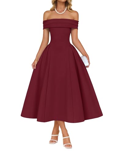 Image of ZESICA Summer 2026 Cocktail Dresses for Women's Off Shoulder Short Sleeve Swing A Line Wedding Evening Party Midi Dress