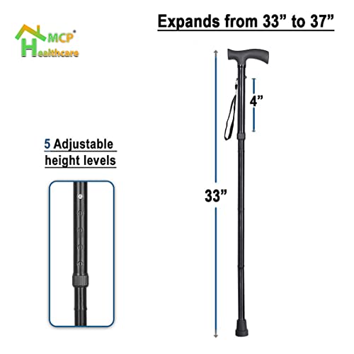 Image of MCP Healthcare 4 Folding Sections Aluminium Foldable Walking Stick Adjustible Height, for Men, Women & Old People Support, Trekking Cane Stick, Easy to Store (Black)