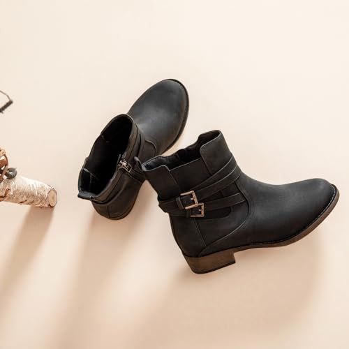 Ataiwee Women's Ankle Boots - Classic Side Zip, Comfortable Platform, Cover with Buckle Strap, Round Toe, Low Chunky Heel Comfort Slip On Fashion (Black/Dark Brown/Grey) Boots.4