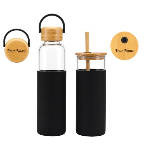 Image of Giftana Personalized Borosilicate Glass Water Bottle 500ml with Glass Sipper Tumbler 450ml, Reusable Leakproof Drinking Bottle with Silicone Sleeve, Eco-Friendly Bottle for Office Gym Travel (Black)