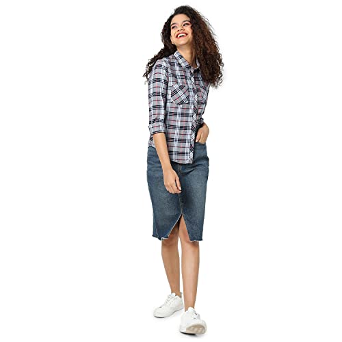 Image of PINACOLADA Women's Grey Tartan Plaid Button Up Regular Fit Shirt for Casual Wear | Spread Collar | Long Sleeves | Cotton Shirt Crafted with Regular Sleeve & Comfort Fit for Everyday Wear