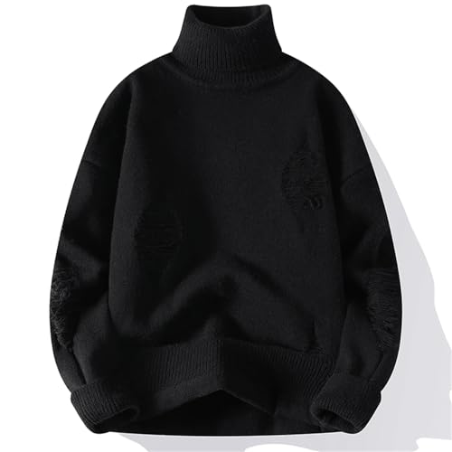 Men's Ripped Turtleneck Pullover Solid Color Casual Knitted Sweater Loose Street Sweater4