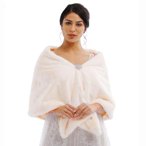 Ursumy Wedding Shawl Faux Fur Wraps Bridal Fur Stole Fur Scarf with Rhinestones Brooch for Bride and Bridesmaids (Beige)