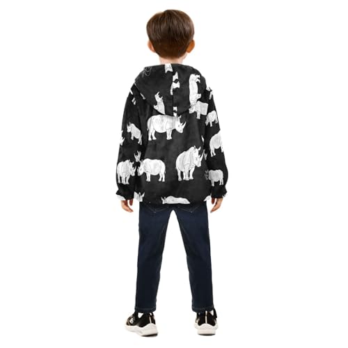 Rhino Pattern on Black Toddler Fleece Jacket Girl Boys Hooded Fleece Jacket Coat Warm Outwear Zip-up 3-10T4