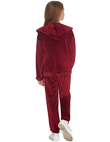 Greatchy Girls Velour Tracksuit Kids 2 Piece Outfit Zip Up Hoodie Sweatshirt And Jogging Pant Sweatsuits Set Burgundy For 14-15Y #TOP5