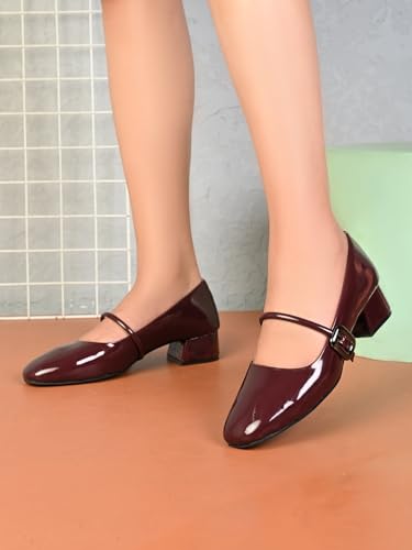 Image of XE Looks Women's Mary Jane Strap Block Heel Pumps with Glossy Upper | Closed Toe Design | Soft Cushioned Insole | Stable Supportive Heel for Girls & Women Black