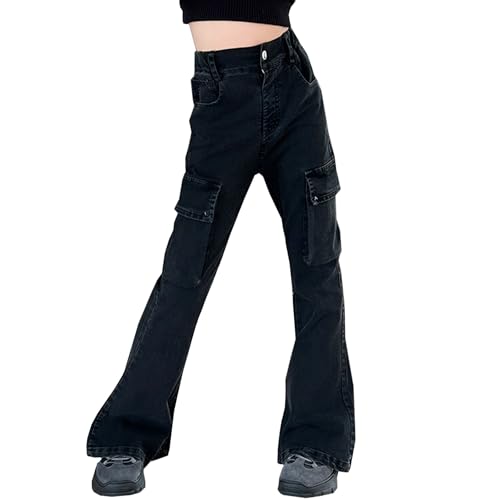 SANGTREE Girls' Cargo Boot Cut Jeans High Waist Y2K Denim Pants with Pockets, 3-12 Years