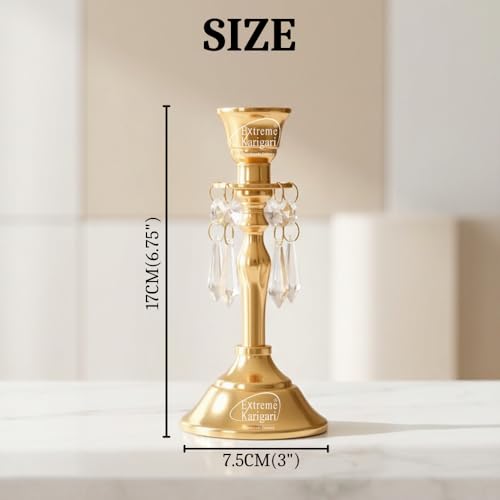 Image of Aluminum Gold Plated Vinatge Candle Stand Holder Crystal Hanging for Home Decor, Dining Table Centerpiece Decoration, 6.75inch