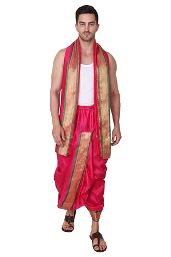 Image of Rameshwaram Fabrics Mens Ready to Wear Silk Dhoti with Angwastra Set - Pocket Dhothi