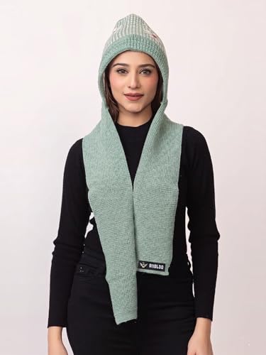 Image of AMOLDO Women's Winter Woolen Soft Warm Knitted Designer Muffler Beanie Cap with Fur | Fleece Printed Woolen Hat with Attached Scarf for Cold Weather