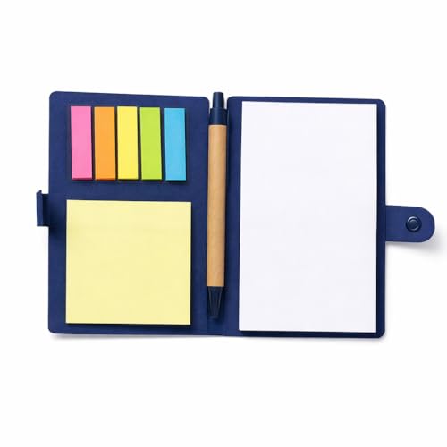 Image of AccuPrints Compact Sticky Notes Organizer with Pen Holder Navy Blue Paper Cover Colorful Sticky Tabs Button Closure 15.3x10cm To Do List Pad