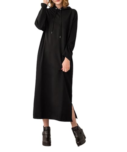 [Four leaf] 【お洒落×小顔効果】 パーカーワンピース ワンピース レディース 秋 秋冬 冬 長袖 マキシ丈 ロング丈 無地 ポケット付き スウェット フード パーカー ロング 体型カバー ゆったり シンプル カジュアル (JP, アルファベット, XL, ブラック)