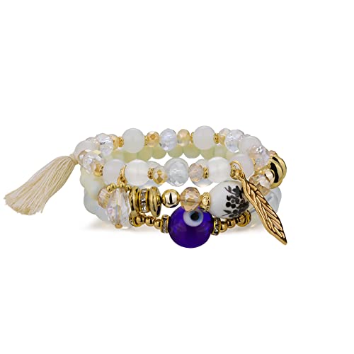 Emibele Bohemian Crystal Bracelet Set, Stackable Boho Glass Bead Bracelet, Evil Eye Bracelet For Women Girls, Summer Beach Charm Bracelet Jewelry Set, White+Gold #TOP10