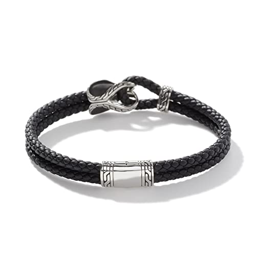 John Hardy Men's Asli Classic Chain Link Silver Bracelet On 4Mm Black Leather Cord With Pusher Clasp, Size L #TOP3