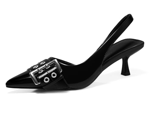 PiePieBuy Womens Slingback Kitten Low Heels Closed Pointed Toe Pumps D’Orsay Buckle Studded Dress Shoes