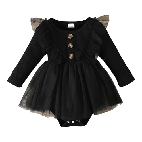 Alunsito Vestido mameluco de encaje para niña recién nacida, vestido de tutú de Color sólido con manga con volantes, trajes informales de verano para bebé, negro, 18-24 meses