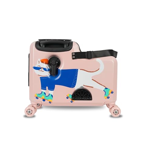 Rolly Rider Kids Ride-On Carry-On Suitcase ABS Lightweight Travel Trolley Luggage for Children with 360 Spinner Wheels Cabin-Friendly Scooter Travel Bag (Pink Whisker Cat Design)