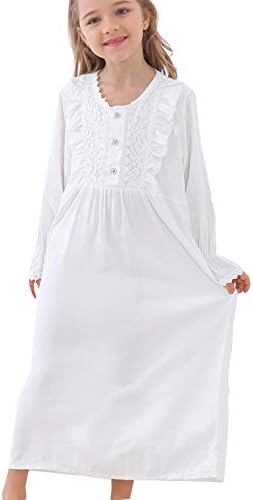 PUFSUNJJGirls Lovely Lace Nightgowns Long Sleeve Cotton Sleepwear Toddler 3-10 Years
