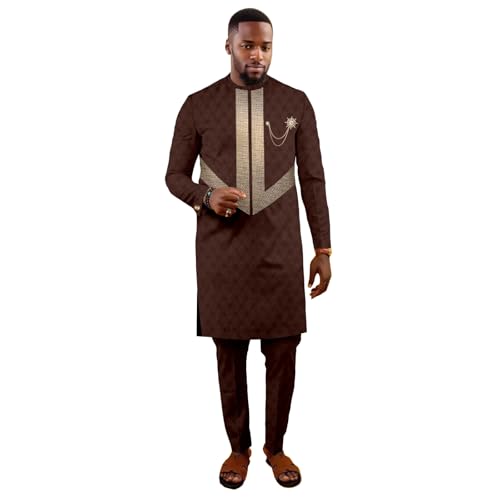 African Clothes for Men O-neck Embroidery Brooch Long Robes and Pants 2 Piece Set Dashiki Tracksuit