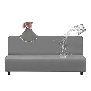 HDCAXKJ 100% Waterproof Futon Cover Full Size Washable Stretch Futon Couch Cover Armless Futon Slipcovers Twin Futon Mattress Cover Protector Futon Bed Slip Covers No Arms (Light Gray, Large)