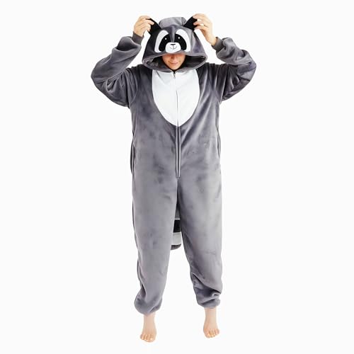 Pronzot Unisex Adult Raccoon Costume Onesie Animal Halloween Costume One Piece Cosplay Suit for Adults Flannel Hooded Sleepwear (US Alpha Small Regular Regular Raccoon)