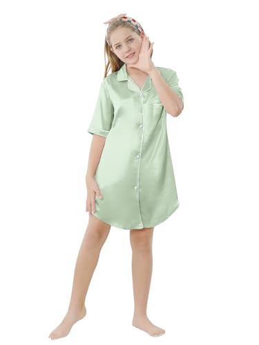 Image of Schbbbta Girls & Women Silk Nightgown, Short Sleeve Button Down Satin Nightshirt Pajama House Dress, 3 Years- Women 2XL