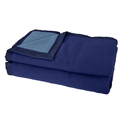Couverture Pure Laine Vierge Woolmark 500g/m² Volta 220x240 cm Bleu Marine/Myosotis