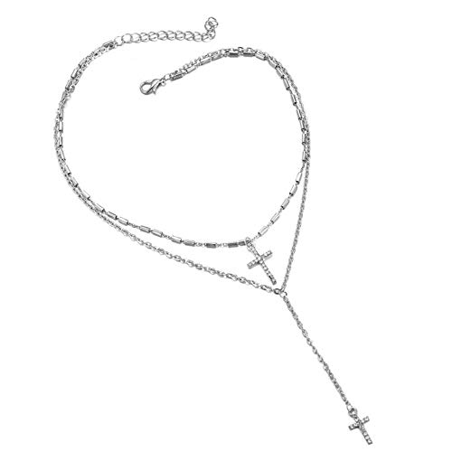 Chargances Bohemia Women Y Necklace with Cross Pendant Silver Long Necklace Multilayer Chain Silver Choker Necklace Delicate Necklace Jewelry for Women and Girls